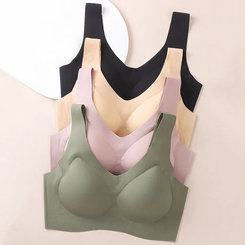 

Large Size Ice Silk Bra Seamless Fixed Cup Brassiere Comfort Wireless Shockproof Sports Fitness Underwear Thin Style Lingerie