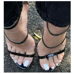 Sandali Open Toe in pelle verniciata nera tacco alto a spillo cinturino con fibbia alla caviglia scarpe da donna Sexy 2024 estate Zapatos Para Mujere