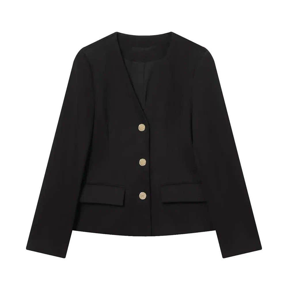 

2025 WOMAN Fashion Europe and America autumn new V-neck suit retro long sleeve Joker button coat Outerwear Mujer