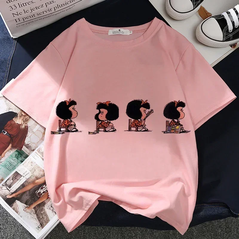 Camiseta con estampado gráfico de Mafalda Kawaii para mujer, Tops rosas de estética Harajuku, camiseta informal Y2k, camiseta para mujer 2021