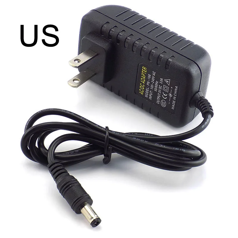 Adaptador de carregador de alimentação para Strip LED TV Box, UE e EUA Plug, Switch 5.5mm x 2.1-2.5mm, DC 5V, 3A, 3000mA, 100V-240V