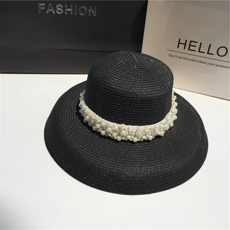 UMI MAO Summer Hepburn Style Summer Outing Women's Wide Brim Pearl Straw Hat Beach Sun Hat Black Face Covering Wide Brim Hat
