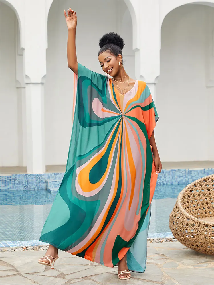 Multicolor Printed Fashionable V-neck Batwing Sleeve Kaftan Dress 2024 Woman Summer Lounge Around Oversized Maxi Dresses Q1546