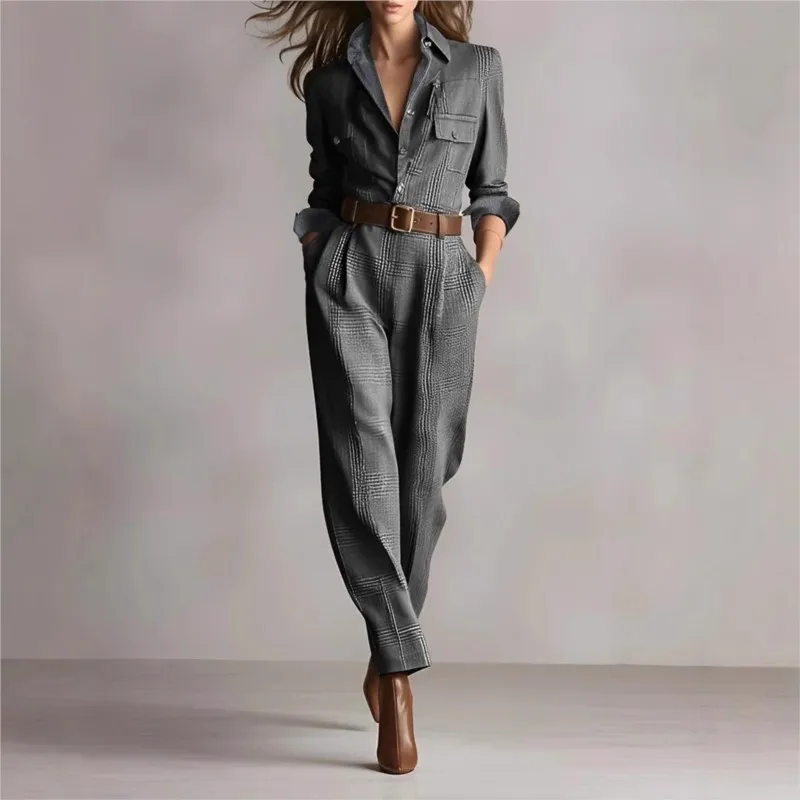Womens Retro Plaid Jumpsuit Fashion Lapel Collar Button Pocket Long Workwear Jumpsuit AutumnCasual Office Jumpsuits