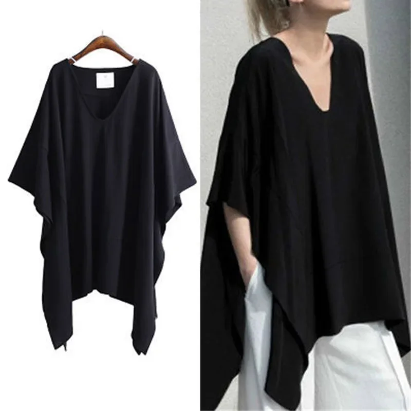 TPJB Summer Fashion Chic V-neck Irregular Black T-shirts Casual Loose Women\'s Clothing Batwing Sleeve Oversized 5XL Tops Female