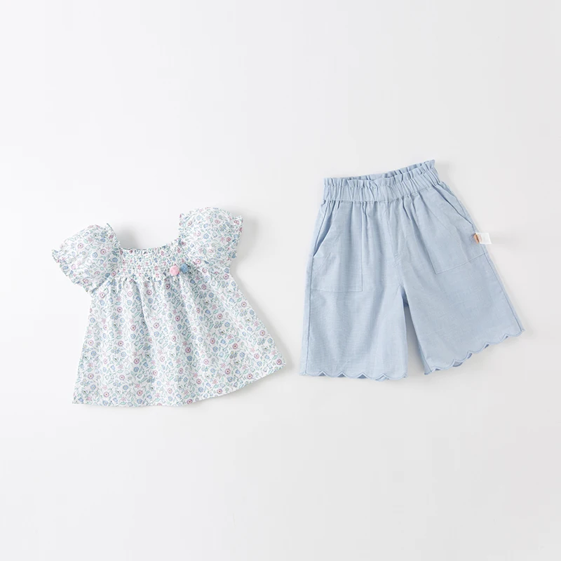 Dave Bella Blue Floral Print Girls Bubble Sleeve Two-Piece Children's Clothing Summer New DB2235443