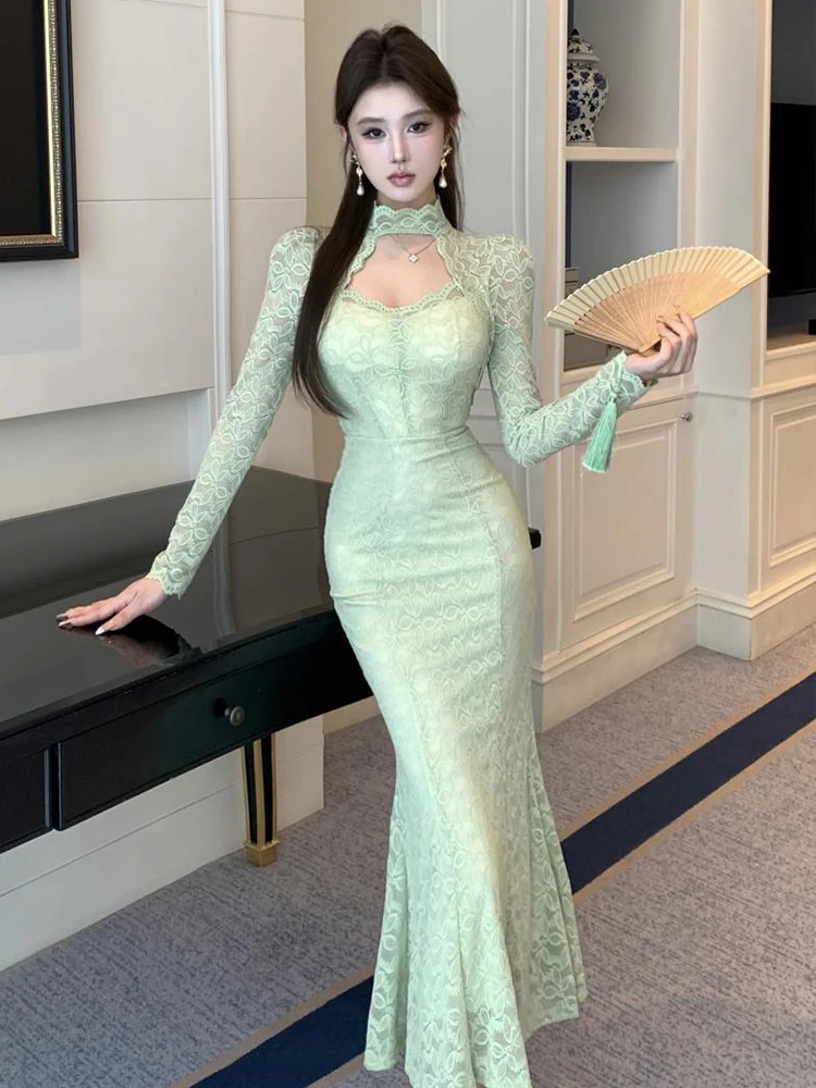 Robe Maxi française élégante pour femmes, mode, Sexy, douce, transparente, ajourée, manches longues, queue de poisson, robes de soirée