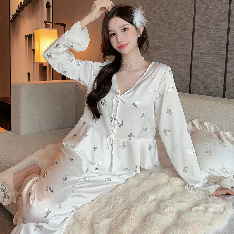 Pajamas Set V-Neck Women Sleepwear Nightwear Lingerie Spring Satin Long Sleeve Shirt&pants PJS Sleep Suit butterfly Home Clothes