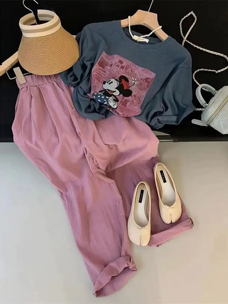 

Summer 2026 New Fashionable Mickey Print Pink Pants Women's Set Cute Floral T-Shirt Short Sleeve round Neck Pullover Nine Points