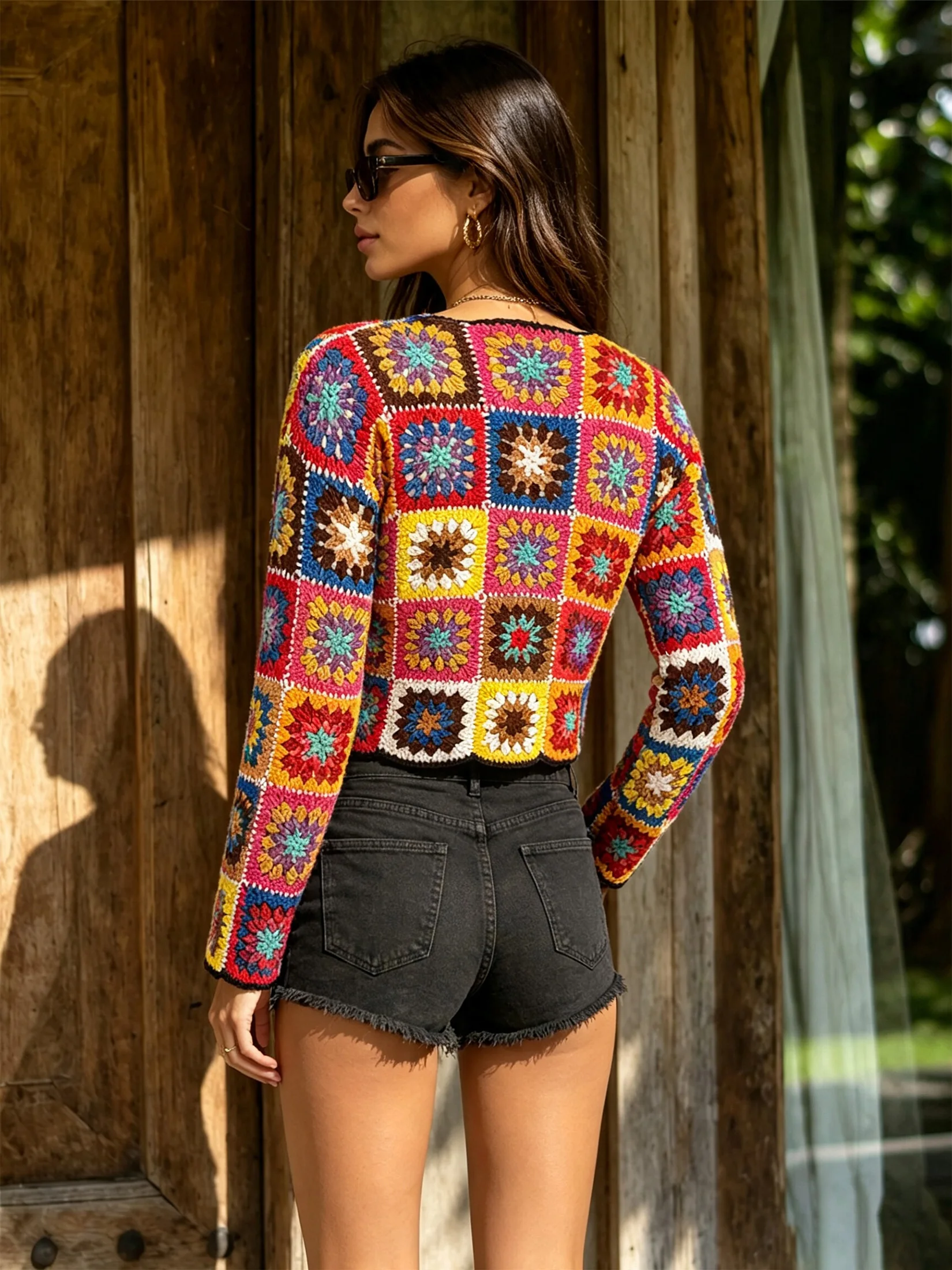 Handmade Fringed Crochet Women's Granny Square Crop Top Colorful Patchwork Long Sleeve Sweater Vintage Cropped Jumper Y2K Style