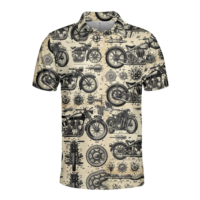 Vintage Motorcycle Streetwear 3D Print Short Sleeve Polo Shirts For Men Clothes Racing Hawaiian Button POLO Shirt Party Club Top