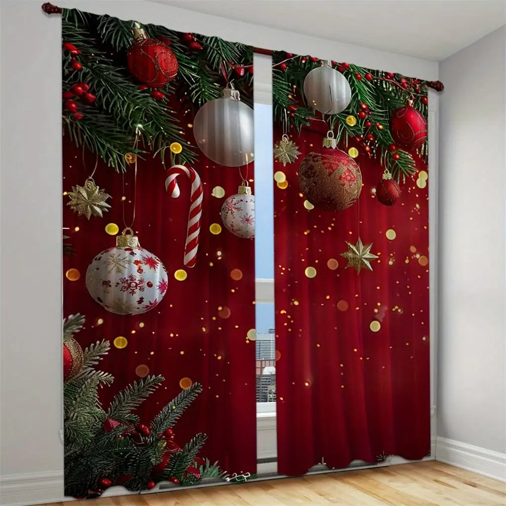 Christmas ball stars decorated curtain red holiday ribbon curtain a set of two, home living room bedroom kitchen shade curtain