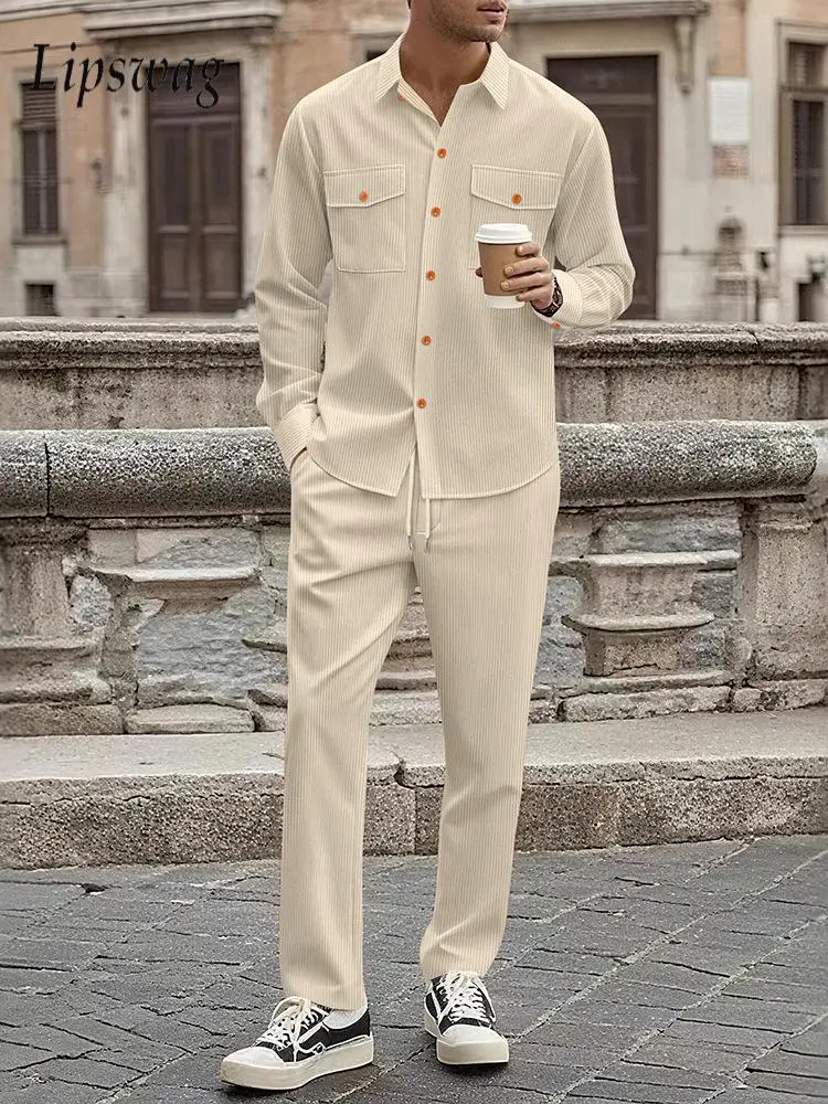 

Осень-зима, повседневные мужские вельветовые комплекты из двух предметов, стильная рубашка-карго с несколькими карманами и брюки, мужская одежда, модные спортивные костюмы