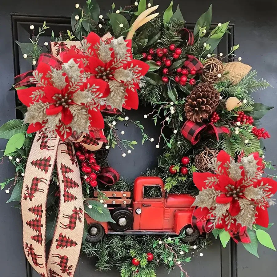 10 Stück 14cm Glitzer-Weihnachtssterne Künstliche Blumen mit Clips DIY Weihnachtsbaum-Ornamente Kranz Kamin-Dekorationen – Detail 3
