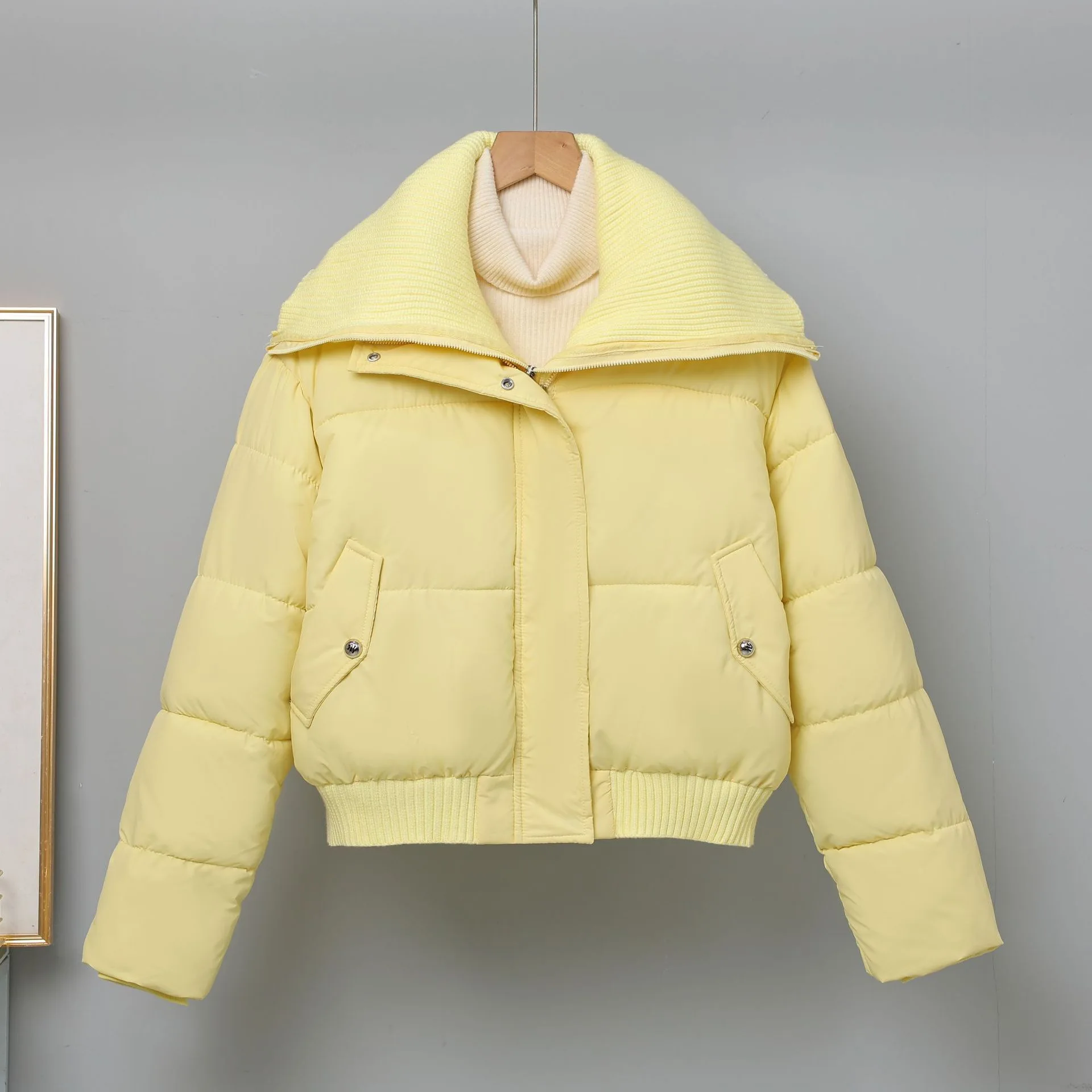 Fashion Knitted Splicing Lapel Collar Winter Coat 2025 Women's New Solid Color Thicken Short Parkas Jacket Lady Cotton Outerwear