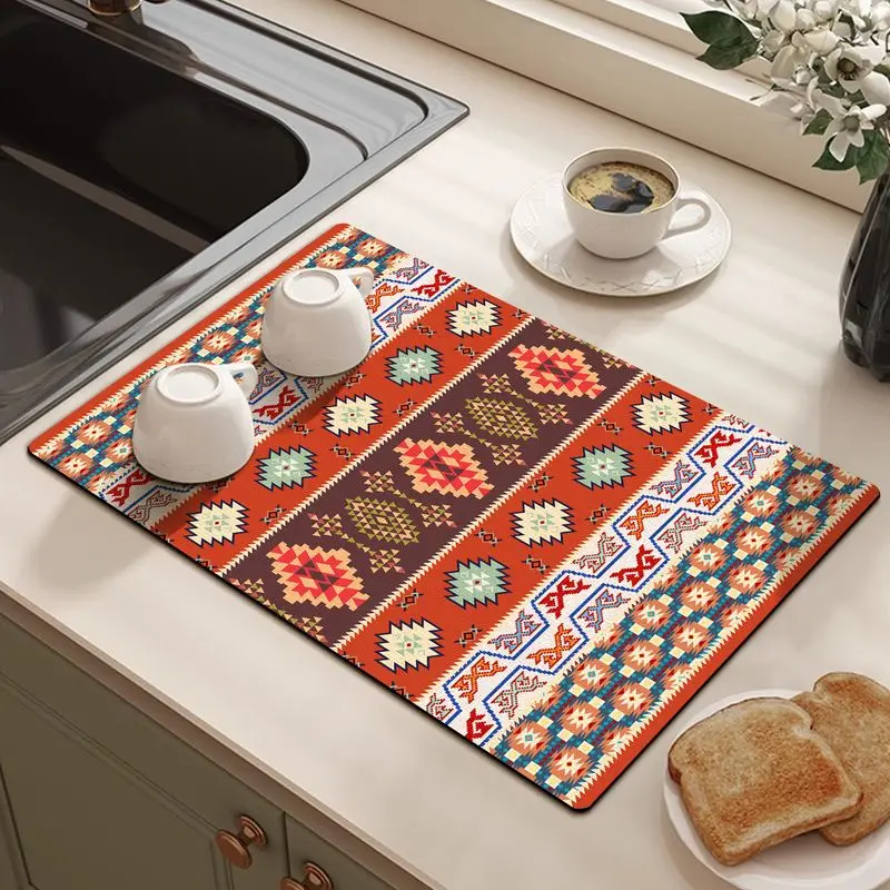 VIKAMA Ethnic Dish Rack Mat Geometric Patchwork Tribal Pattern Absorbent Quick Dry Mat Kitchen Countertop Sink Home Decor