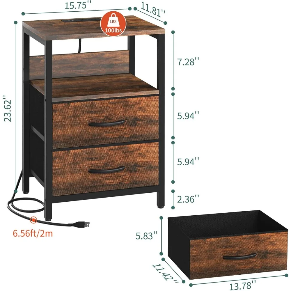 Nightstand with Charging Station Small Night Stand with Fabric Drawers and Storage Shelf for Bedrooms