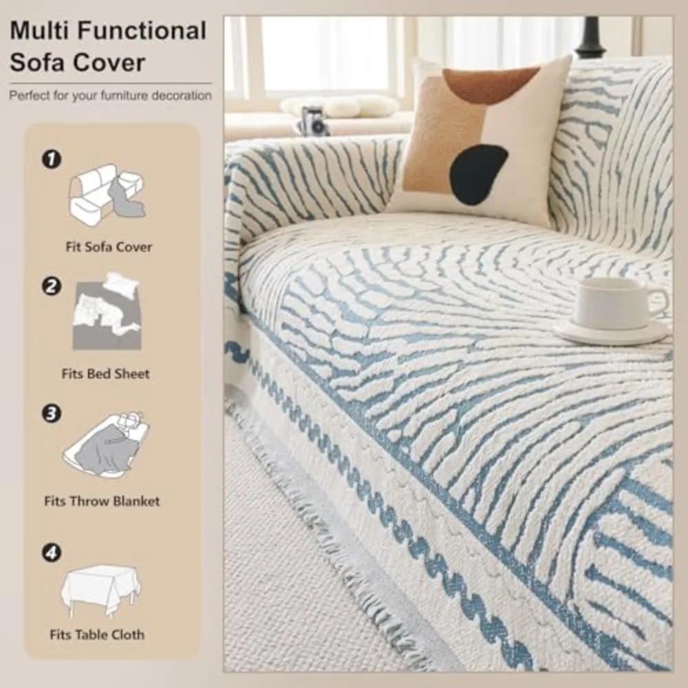 غطاء أريكة شانيل مخطط سميك مع شرابة، بطانية غطاء أريكة زرقاء للأرائك المقطعية، أغطية ناعمة للأرائك الكبيرة