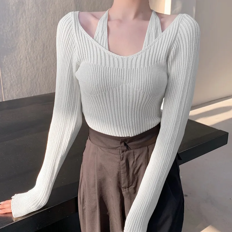 Womens Knit Sweater Off Shoulder Knitted Pullover Jumper Sweaters Sexy Knit Halter Neck Tops Autumn Spring