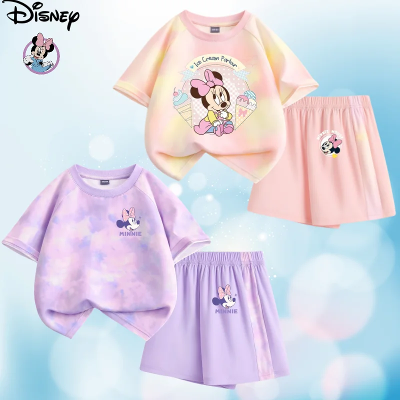 

Disney Kawaii Minnie Girls Summer Outdoor Beach Quick Dry Light Soft Breathable Fashion Casual Cartoon Short Sleeve T-Shirt Set