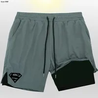 Shorts de ginástica Heroes masculino, camada dupla 2 em 1 secagem rápida, absorvente de suor com bolsos elástico corrida