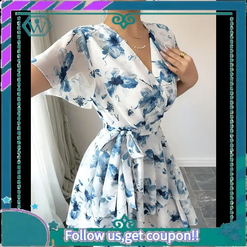 A09P – robe d'été à fleurs pour femmes, col en V, ourlet à volants, Spaghetti, tenues de plage décontractées, robe de soleil fluide, printemps