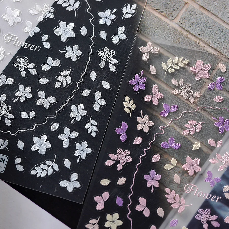 5D Relief Embroidery Texture Leaf Floret Flowers Pink Purple White Adhesive Nail Art Stickers Decals Manicure Charms Accessories