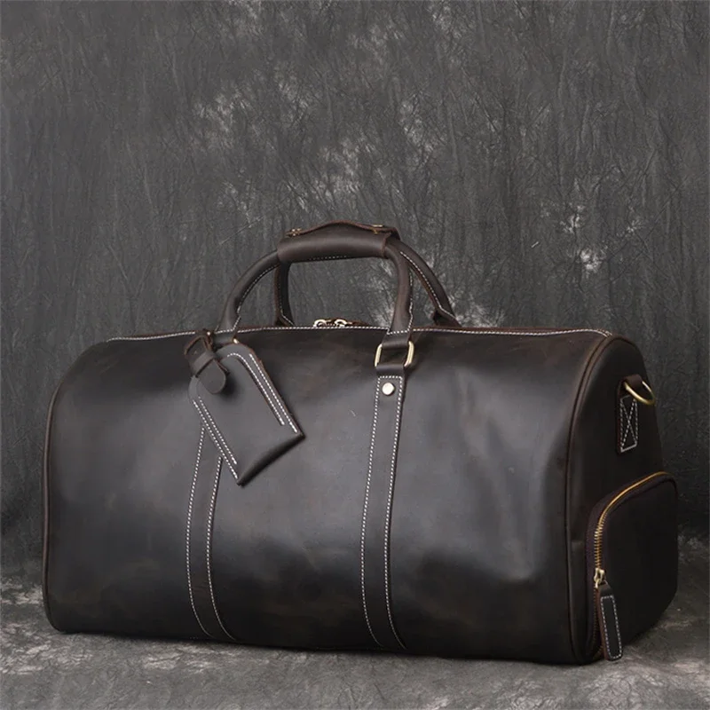 High Quality Vintage A4 Brown Black Large Big Thick Genuine Crazy Horse Leather Business Men Travel Bag Cowhide Male Duffle M183