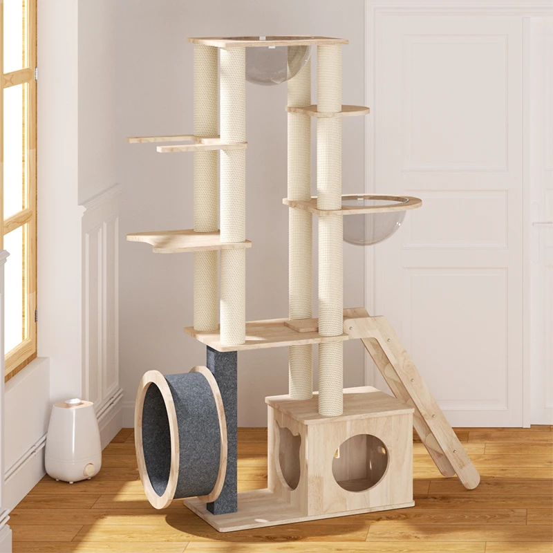 

RTS Cat Tree House Solid Wood Cat Climbing Tree Tower Running Wheel Furniture Indoor With Treadmill