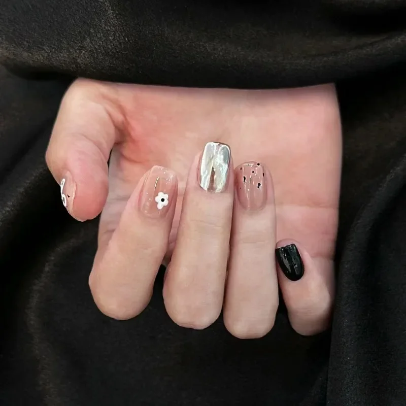 

10Pcs /Set Full Cover False Nails Press on Nails Fake Nails Diy Pure Handmade Removable Black Mirror Flower