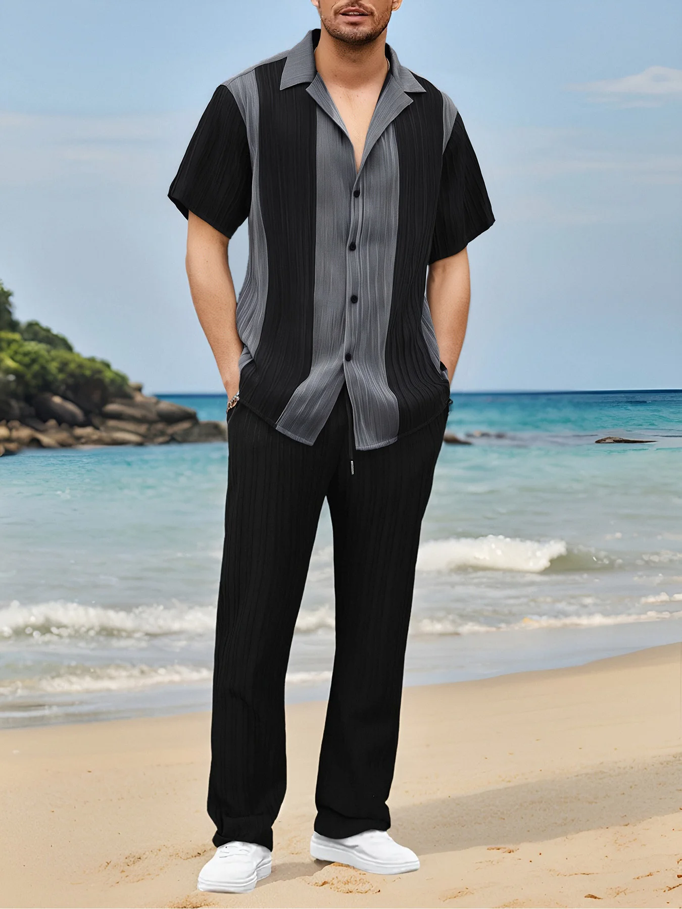 

Men's 2 Piece Black & Gray Vertical Stripe Contrast Set, Textured Lapel Shirt & Pants Summer Casual Outfit 2 Men's Korean Style