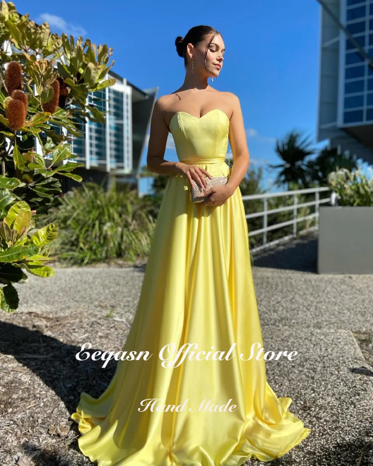 Customized Yellow Evening Dresses Long Satin A Line Sweetheart Wedding Party Gown Corset Back Gala Prom Dress with Pockets