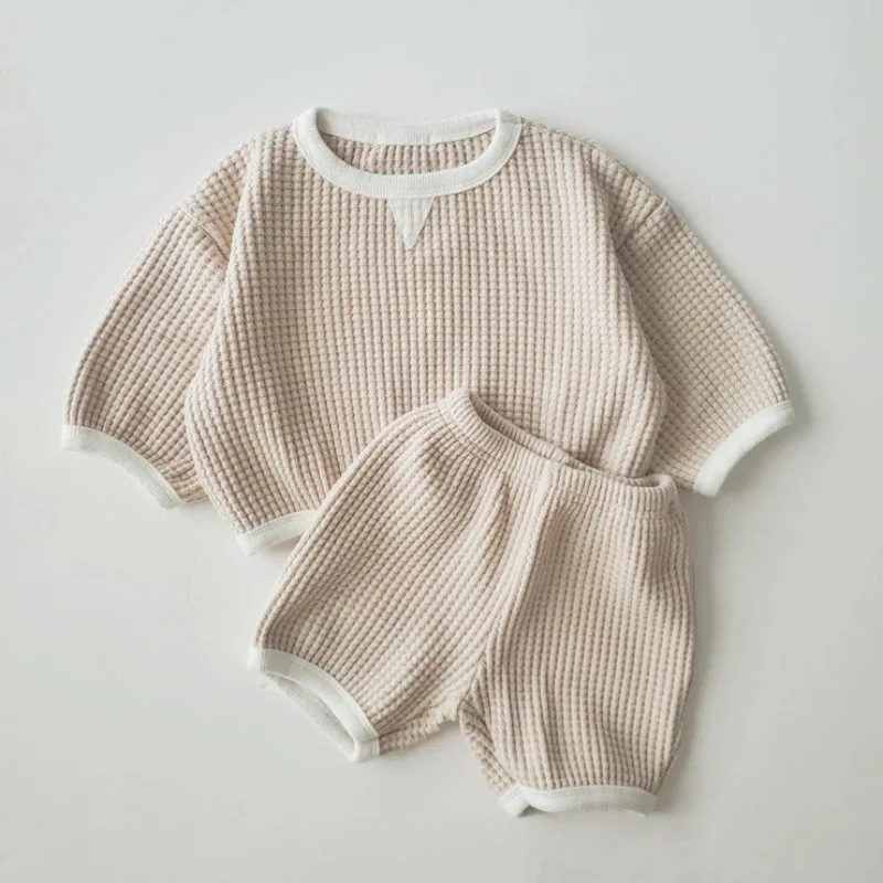 Korea Baby Boys Waffle Clothes Set 2023 Autumn New Baby Girls 2PCS/Set Clothes Sweater+PP Pants Shorts 0-2Y Baby Sportswear Suit