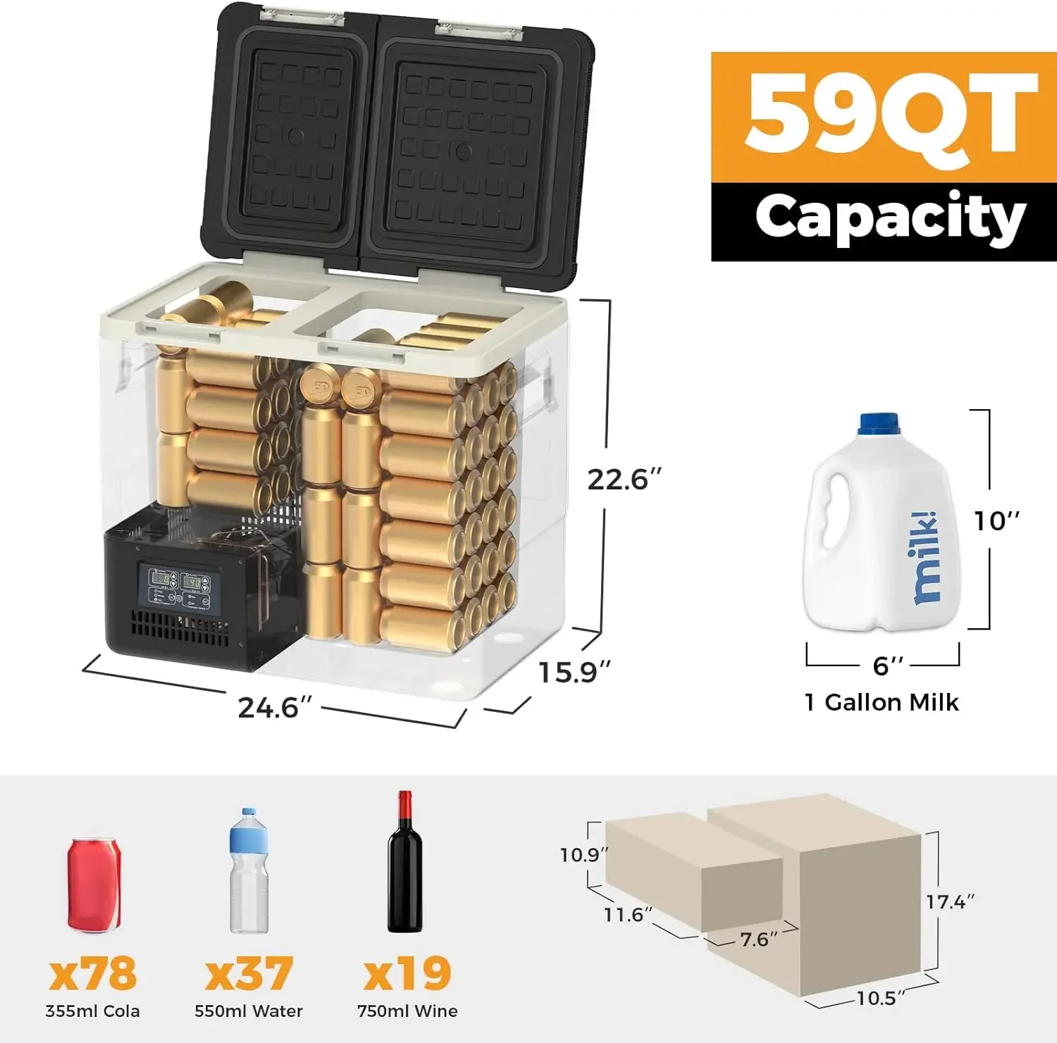 

59QT(55L) Dual Zone Fridge Freezer,DT55 Portable Refrigerator with APP Control, Electric Coolers for Vehicles AC/DC