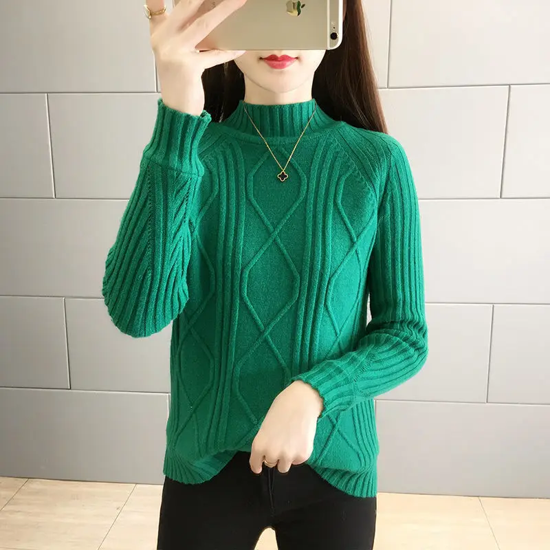 Conjunto acolchoado de meia gola alta para mulheres, blusa de malha solta e espessa, camisa de fundo, tops de cabeça quente, novo, outono e inverno