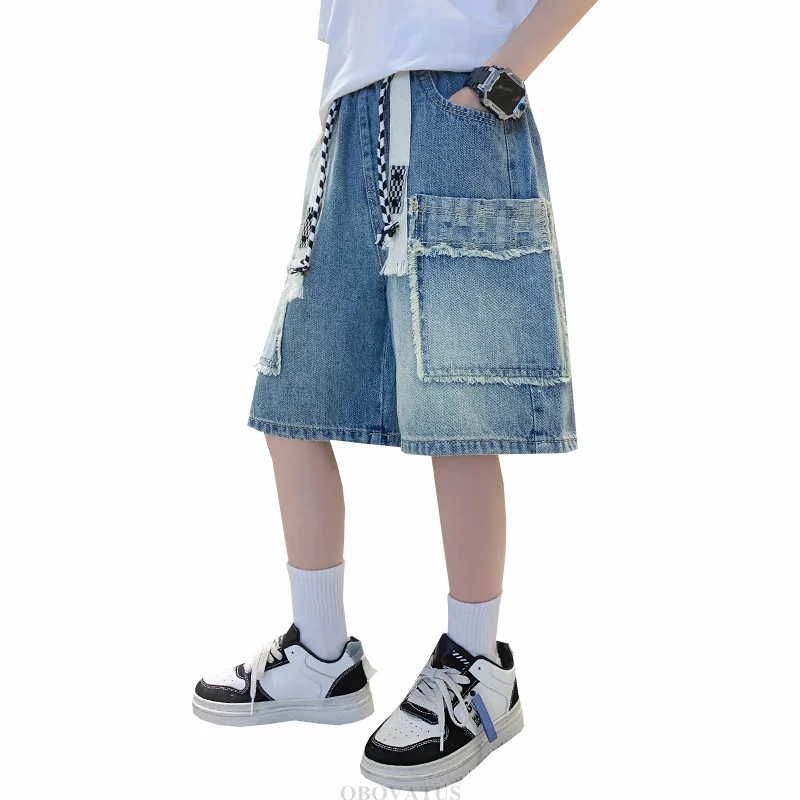 New Summer Tweens Boy Casual Drawstring Denim Shorts with Big Pocket Kids Child Fashion Raw Hem Jeans Cargo Shorts Age 5-14T