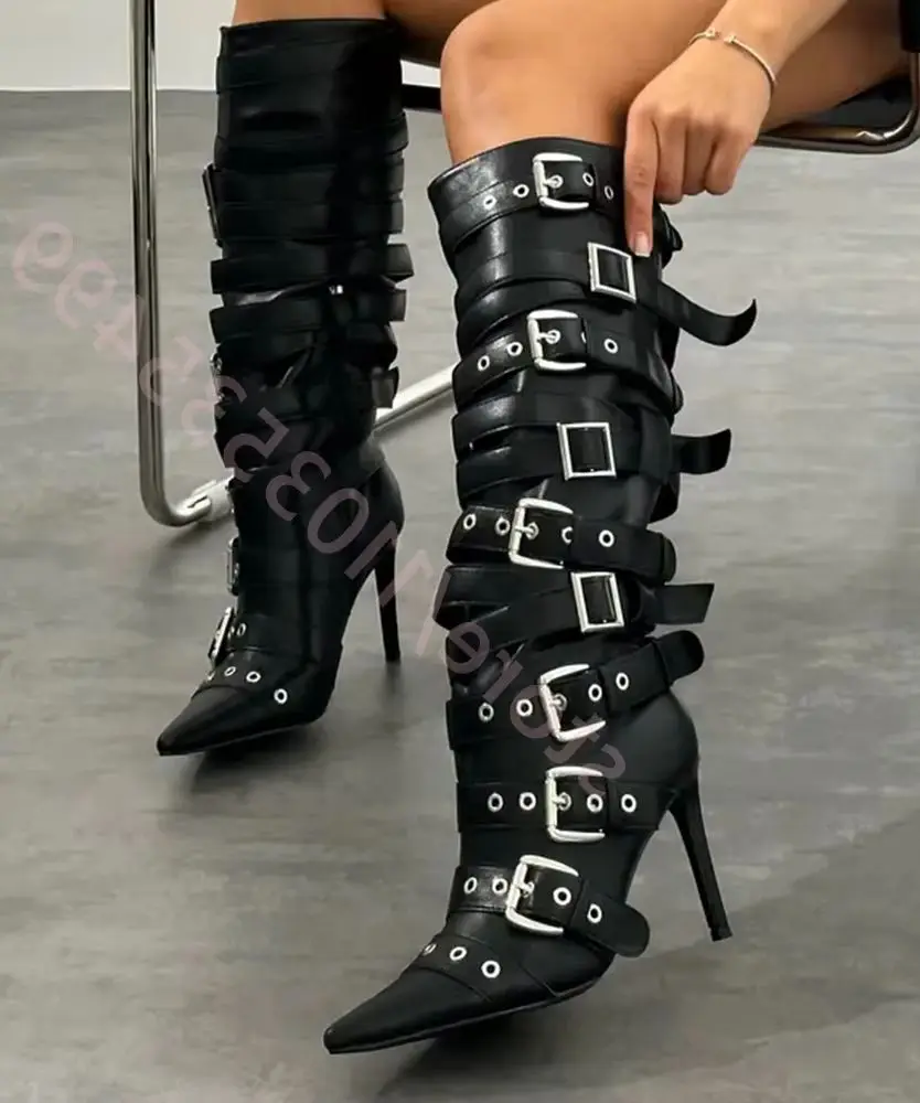 

Women's Pointed Toe Stiletto Boots Belt Buckle Sexy Runway Black/Silver Fashion Street Style Autumn New Casual Party Boot