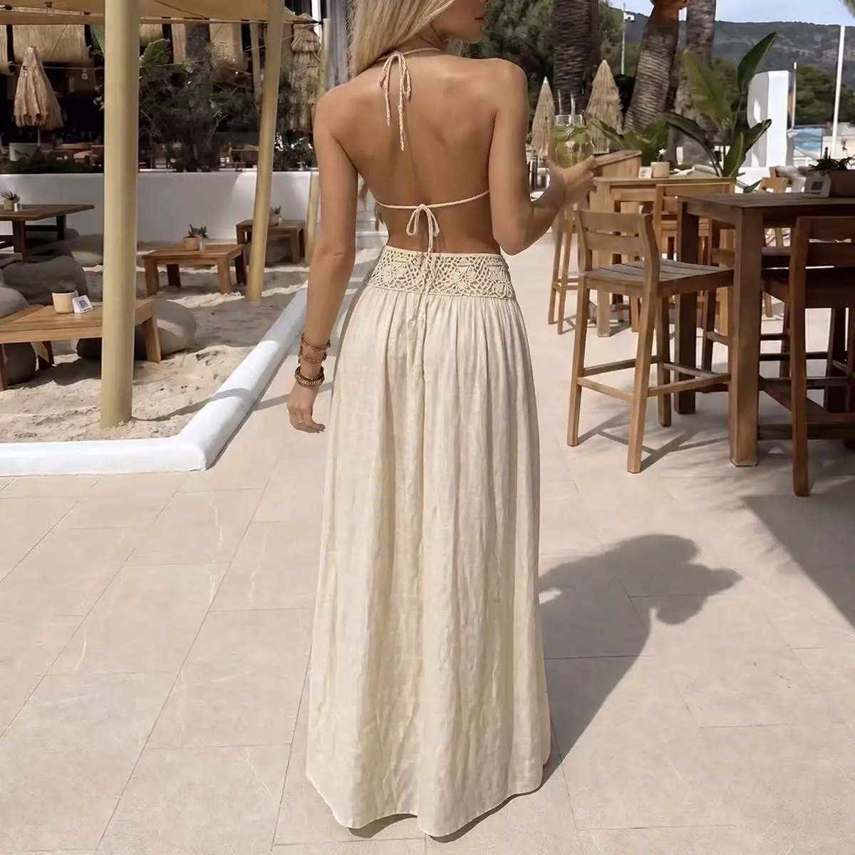 Boho Style Shell Decor Hand Hook Top Long Skirt Set, Summer Beach Vacation Tie Design Hollow Out Sheer Cover-Up Set, Two-Piece view 2