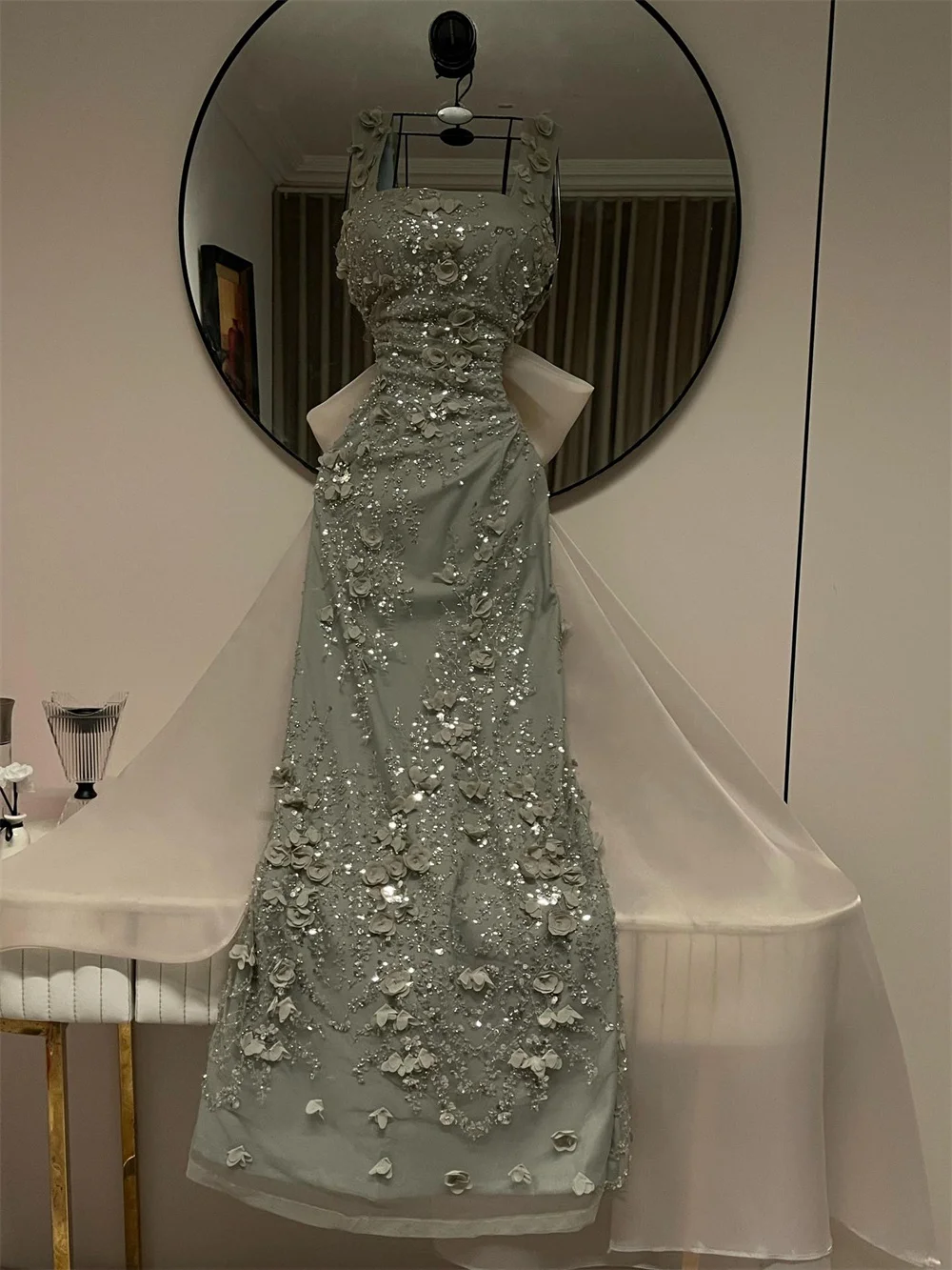 Contessa Customized Beaded Square Neck Sleeveless Prom Dress Long A Line Formal Evening Gown Floral Appliques Bow Back Design