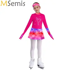 Girls Printed Figure Skating Dress Set Kids Shiny Rhinestones Long Sleeve Leotard Ballet Dance Dress with Gloves Headband