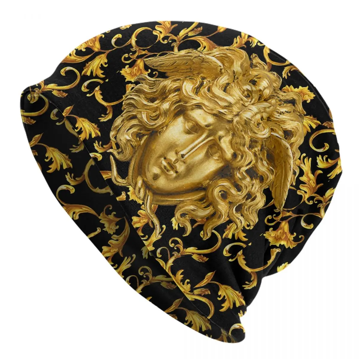 Gold Baroque Print Luxury Skullies Beanies Medusa Greek Mythology Bonnet Hats Men Hip Hop Warm Multifunction Bonnet Knit Hat