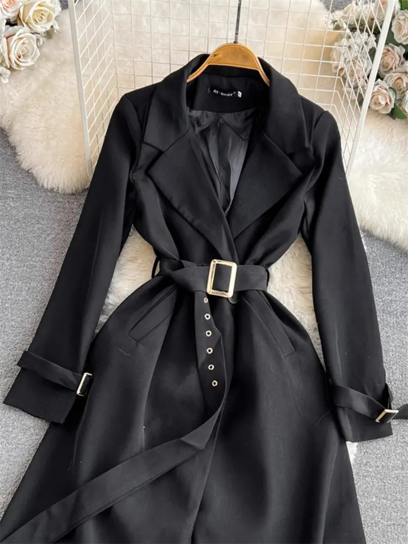 French Hepburn Style Long Sleeved Suit Collar Slim Split A-Line Trench Coat Dress For Women Elegant Long Windbreaker Robe K2585