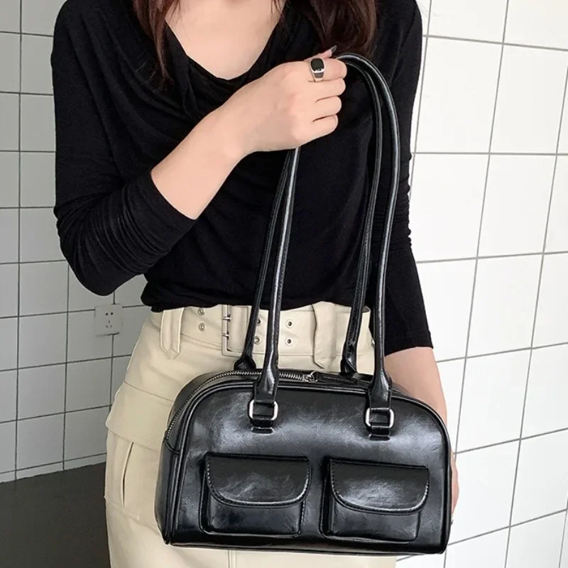 Lady Luxury Soft PU Leather Messenger Bag Flap Outer Pocket Exquisite Thread Underarm Bag Double Straps Multi-Purpose Handle Bag