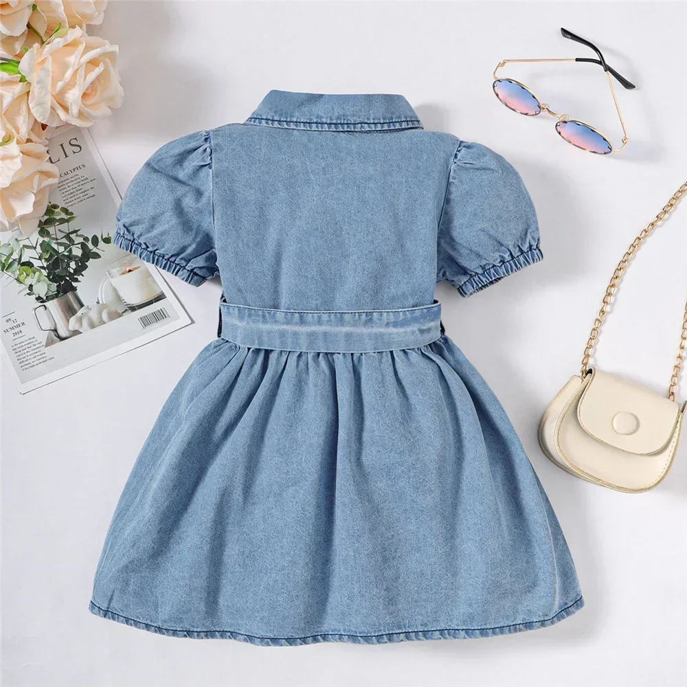 1-3 Years Summer Toddler Baby Girl Fashion Dress Bubble Sleeve Lapel Jeans Casual Dresses Birthday Party Costumes for Kid Girls