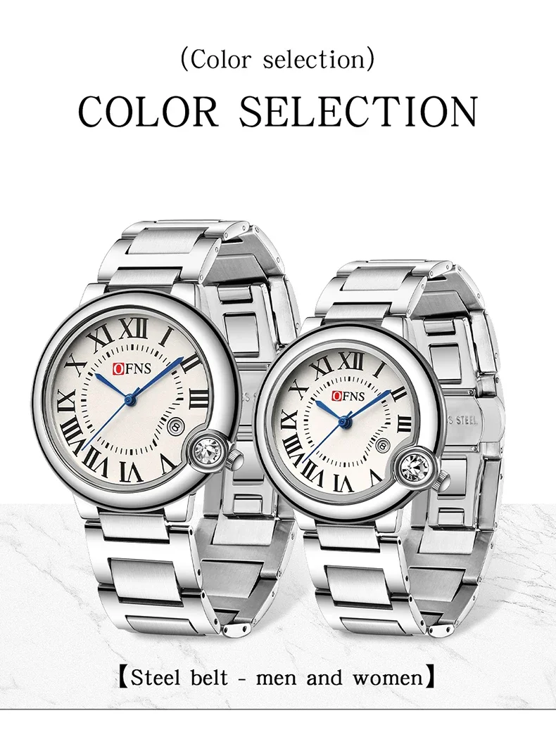 Ofns นาฬิกาควอทซ์คู่รักแบรนด์ชั้นนำโรมันสายรัดเหล็กมัลติฟังก์ชั่นกันน้ำควอตซ์เรียบง่าย2024นาฬิกาผู้หญิงผู้ชาย