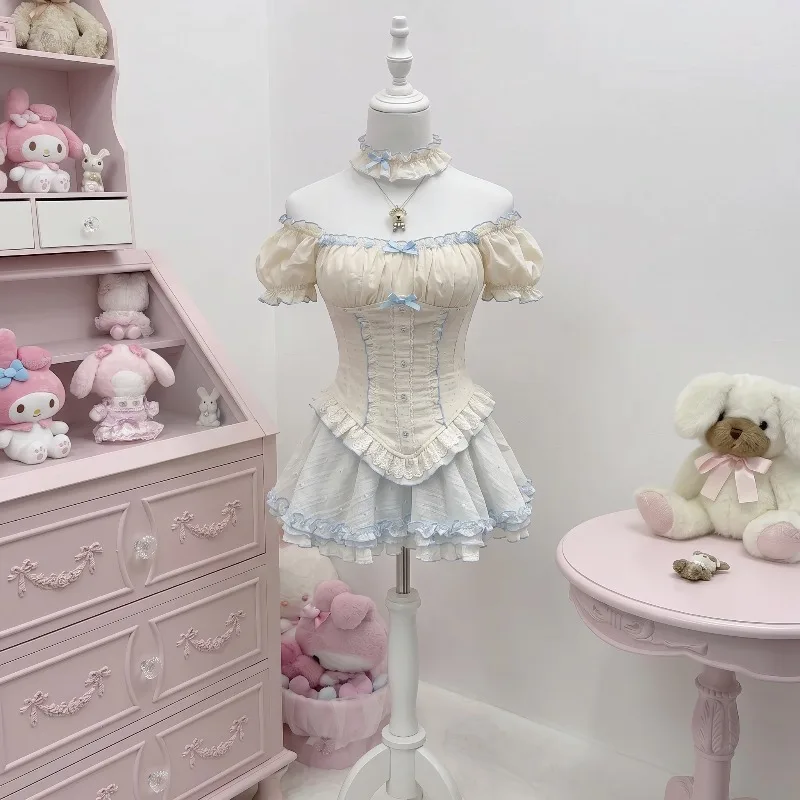 Japanese Korean High Waist Fit Plaid 2 Piece Set Women Button Tops + Lace Ruffle Layered Skirt Summer Lolita Kawaii Outfits 2026