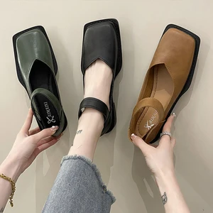 Womens Derby Shoes Female Footwear Casual Sneaker Low Heels Shallow Mouth Square Toe Leather Dress New Retro Summer PU Rubber Fl