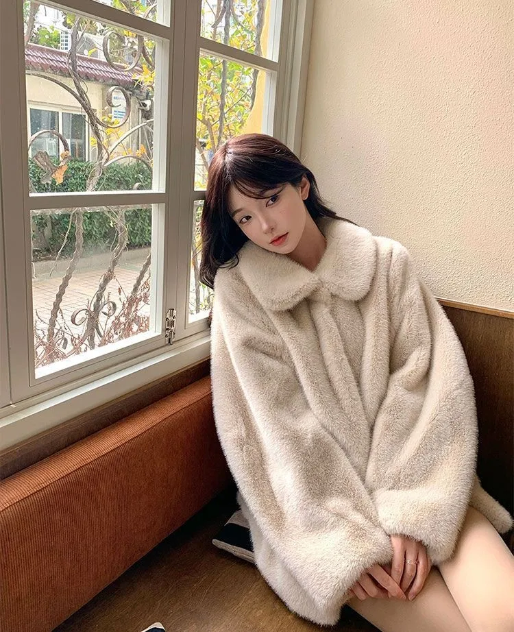 フェイクファーガールズコートコートレディースハイウエストイレギュラーホリデーウィフストリートウェアヴィンテージシルキーミックスコットングレーパフレギュラースリム