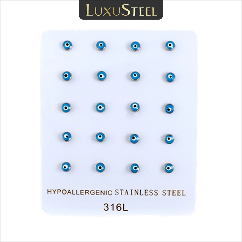 LUXUSTEEL Wholesale 10Pairs 4MM Mini Blue Evil Eyes Stud Earrings for Women Men 316L Stainless Steel Enamel Round Turkish Eye