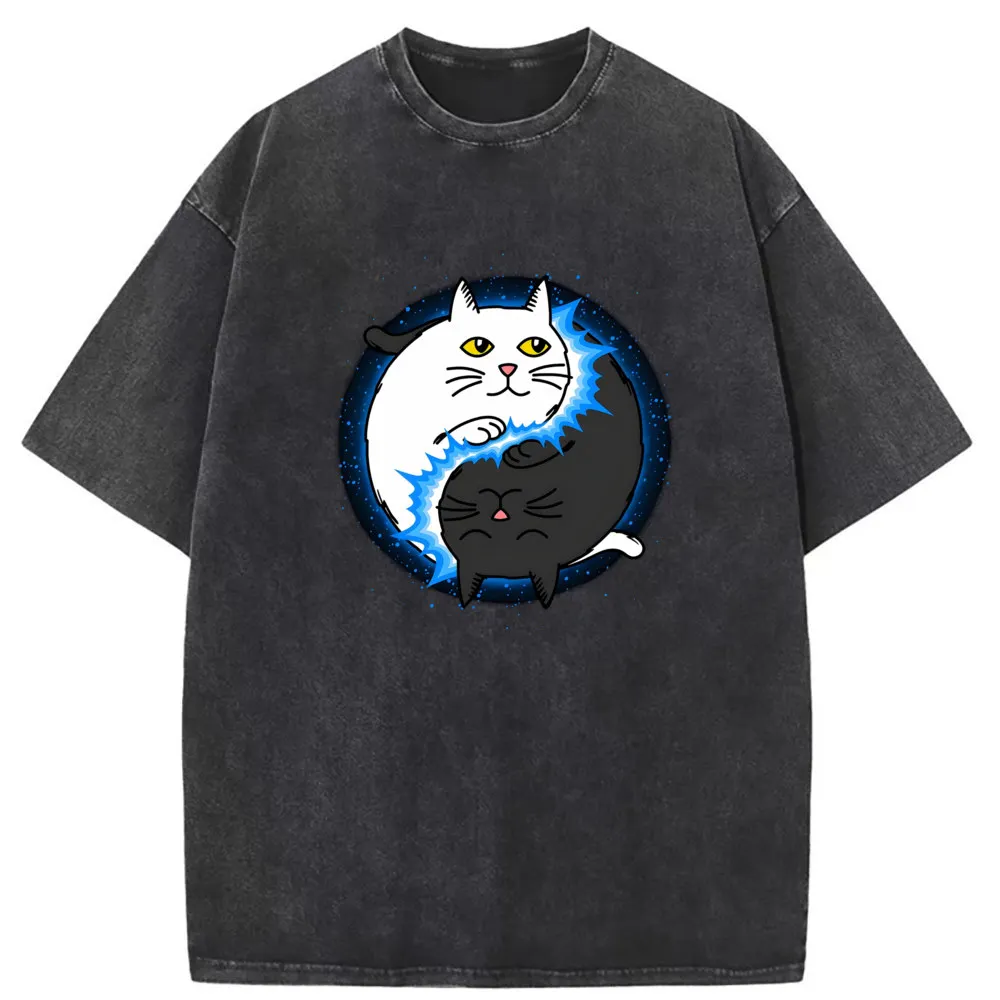 Yin Yang Cat Mens T Shirt Casual Sweatshirts Slim Fit Boy Washed Tshirt Popular Long Sleeve Worn-out Snowflake T Shirt for Men